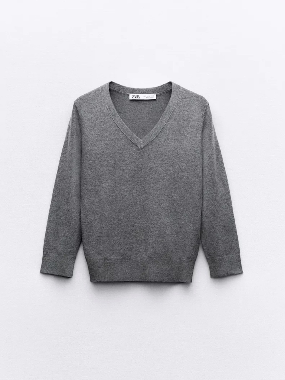 Zara 3/4 Sleeve V-Neck Knit Grey Sweater Size Small